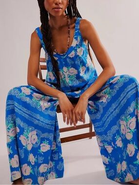 Free People Bali Lillie Scarf Print Blue Floral Wide-Leg Jumpsuit